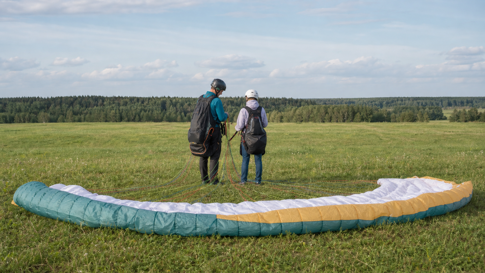 Подготовка к тандемному полёту на параплане на открытом поле в Подмосковье