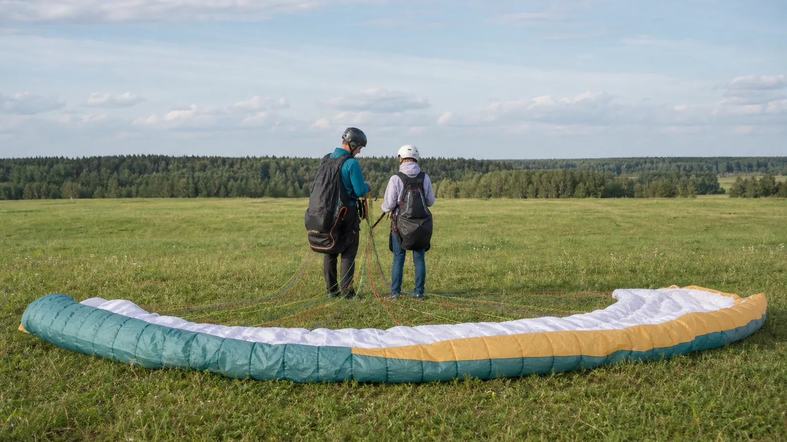 Подготовка к тандемному полёту на параплане на открытом поле в Подмосковье